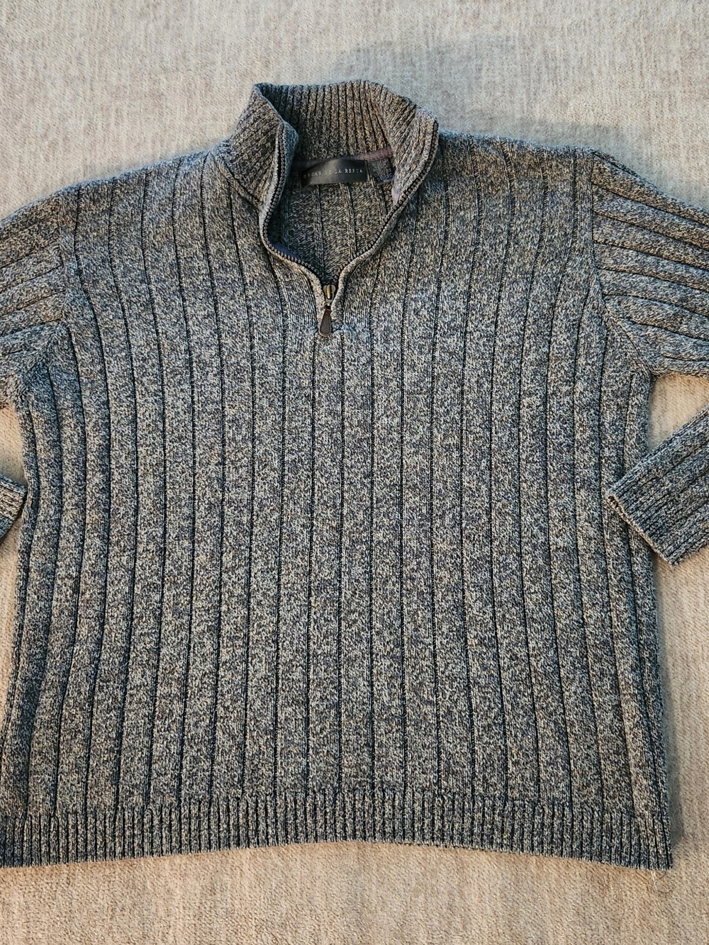 Oscar de la Renta Women's Quarter Zip Sweater Gray Ribbed Oversized Knit Xlg